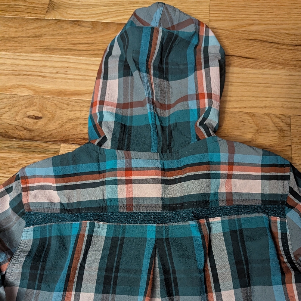 Prana Plaid Hooded Blouse - Teal, Orange, Gray - Picture 6 of 6